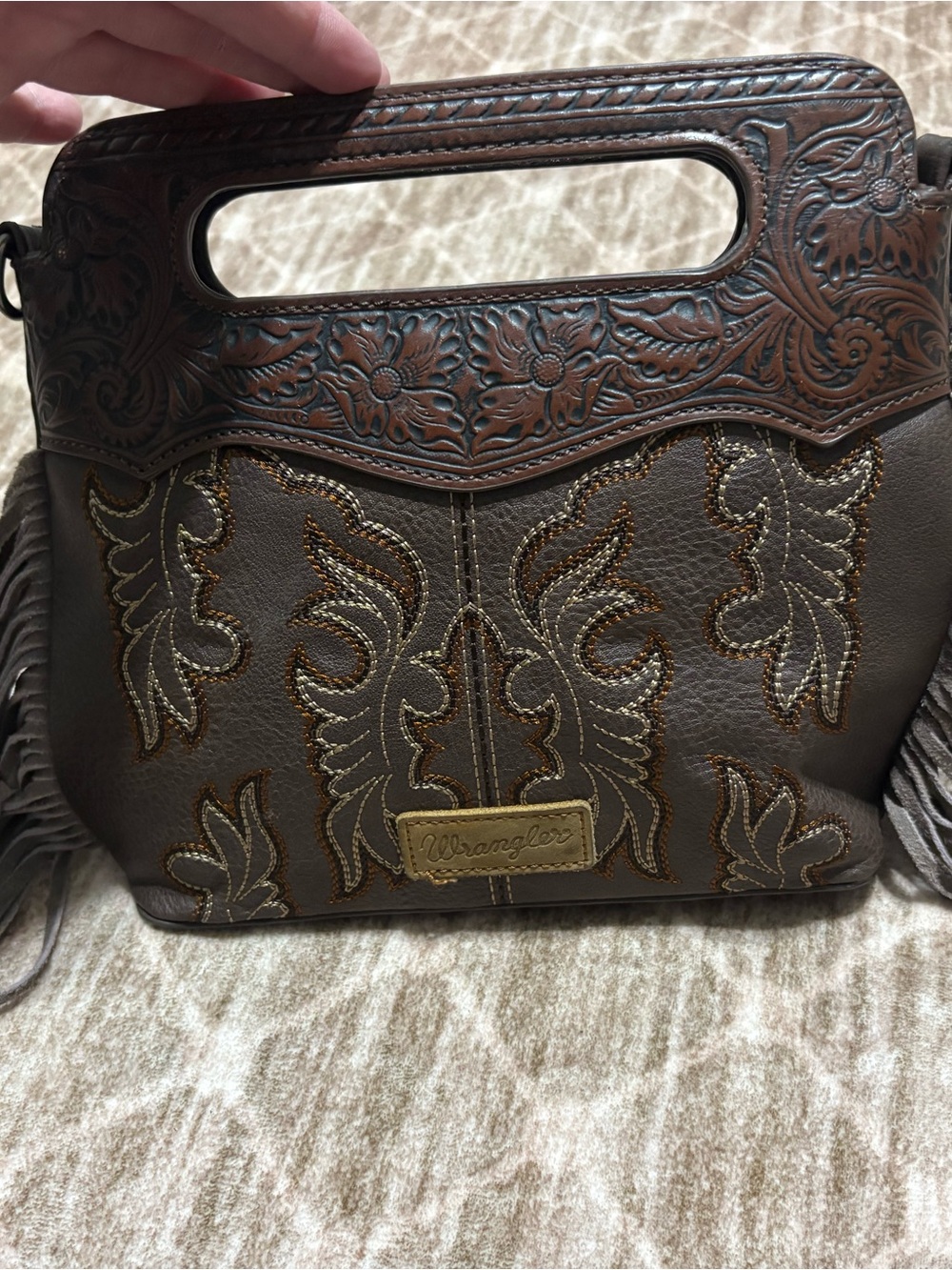Wrangler Embroidered Brown Leather Shoulder Bag with Cutout Handle